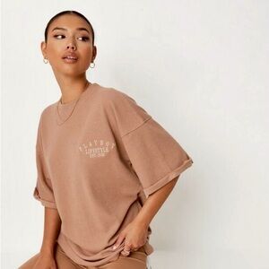 Playboy x Missguided Nude Camel Lifestyle Waffle Oversized T Shirt
